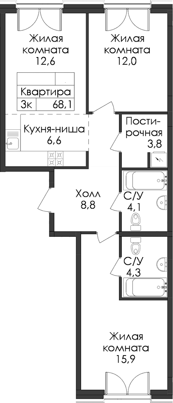 2-комнатная квартира 68.1 м², 7/9 эт., ЖК «Лермонтовский 54»